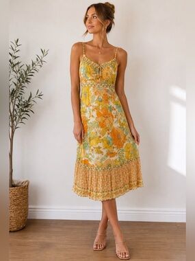 Nine Lives Bazaar Yellow & Orange Floral Midi Dress